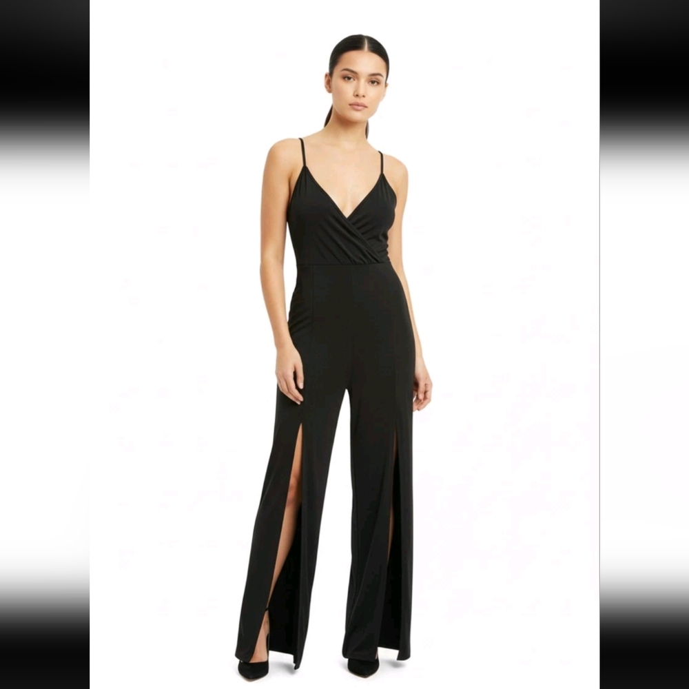 Misguided Black Viscose Slit Front Legs Jumpsuit Size 6